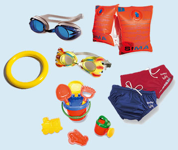 Schwimmbrille, Schwimmflügel, Tauchring, Sandspielsachen, Badehosen